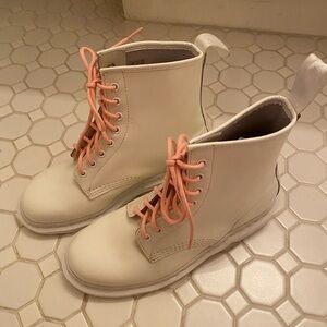 White Dr Marten 8 Hole Boots with Pink Laces